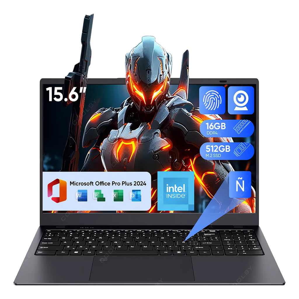 Laptop Coolby 15.6" Intel N5095 Cuatro Núcleos, 16GB RAM, 512GB SSD, FHD 1920x1080, Windows 11 Pro, Seguridad Avanzada, Teclado Retroiluminado, Gris